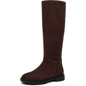 Women's Dark Brown Suede Chunky Low Heels Toe Side Zipper Knee High Boots Rubber